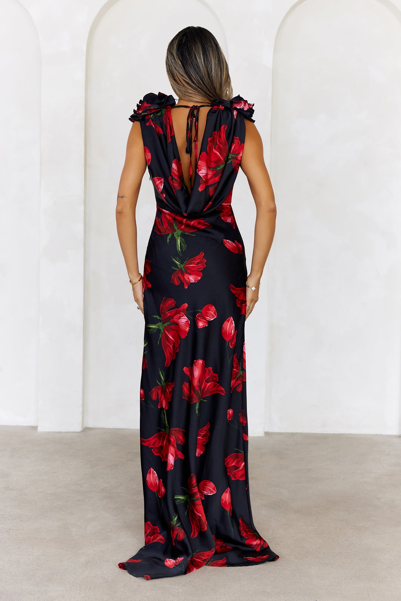 Falling Petals Satin Maxi Dress Black