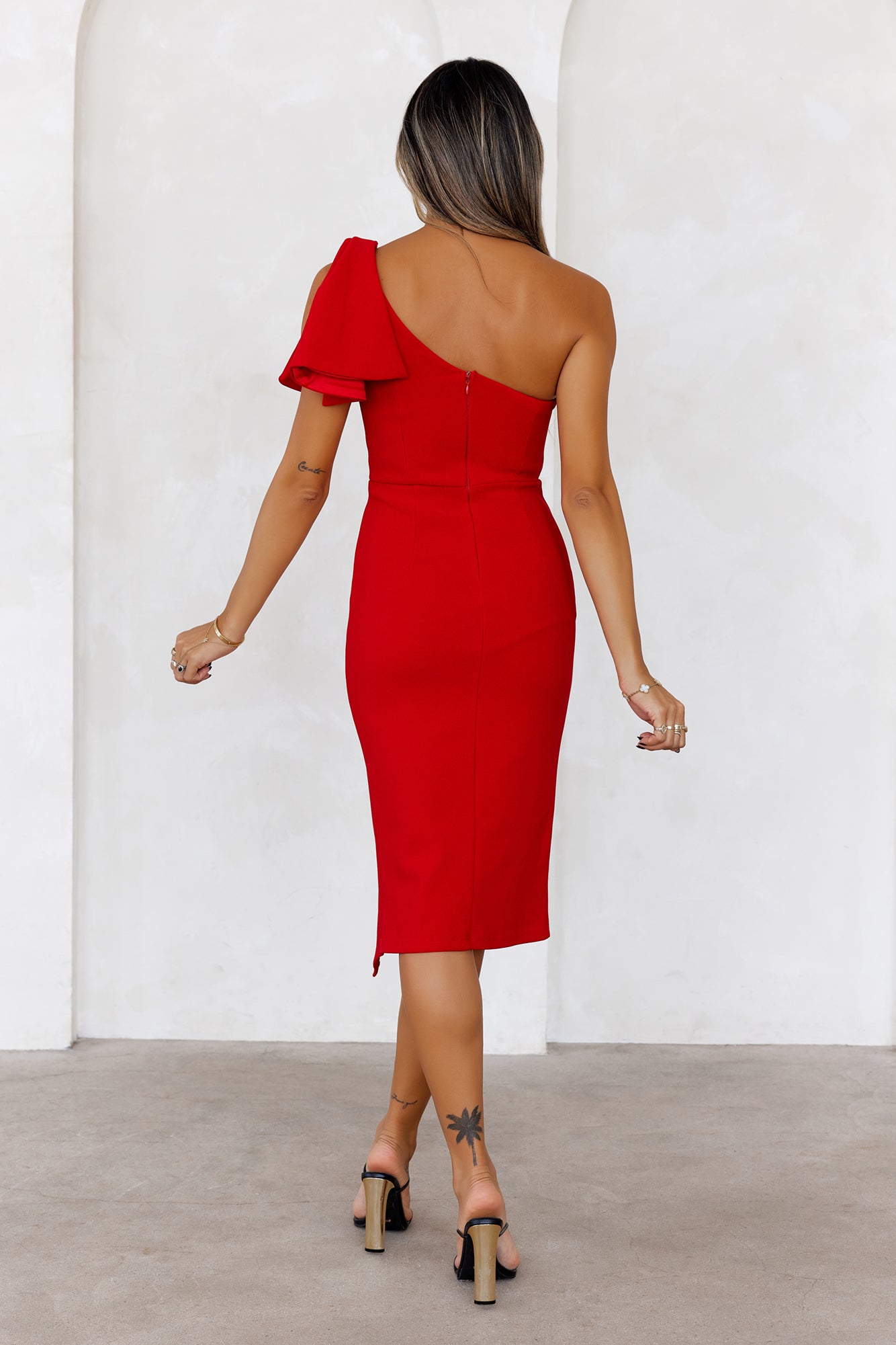 Event Season Ready One Shoulder Midi Dress Red