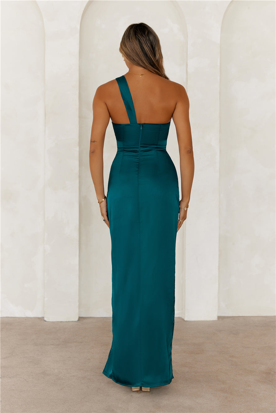 Celebrations Under Stars Satin One Shoulder Maxi Dress Forest Green