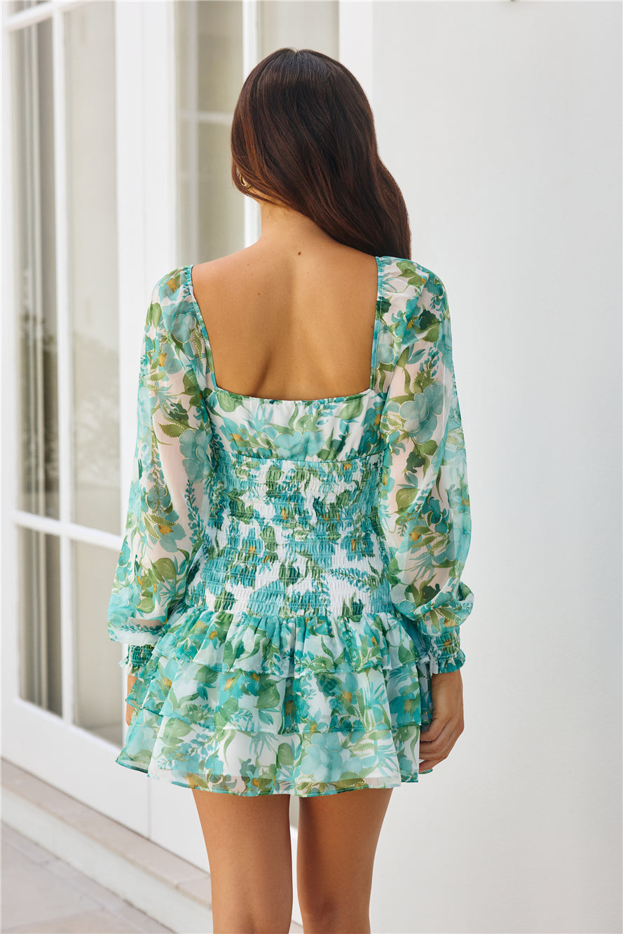 Tea Gardens Long Sleeve Mini Dress Green