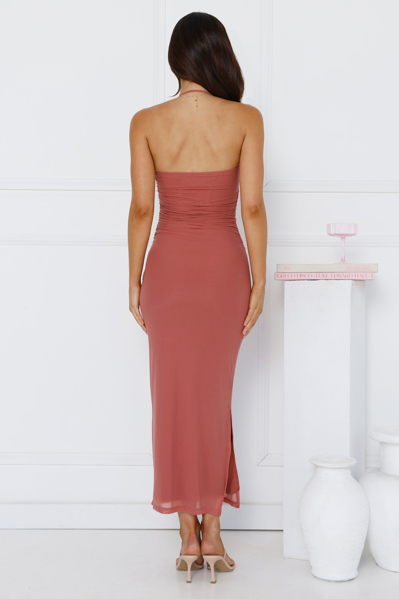 Aiko Halter Mesh Maxi Dress Rose