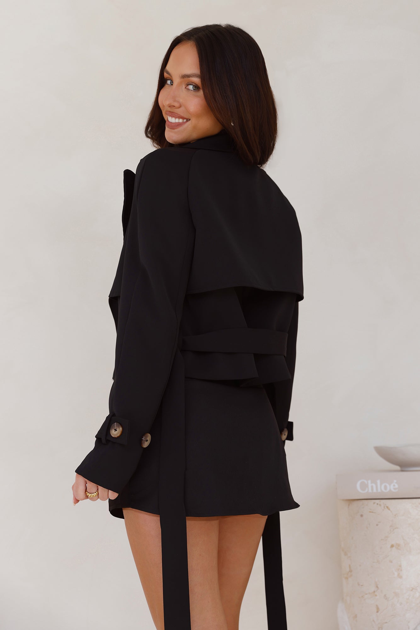 Winter Effect Cropped Trench Coat Black