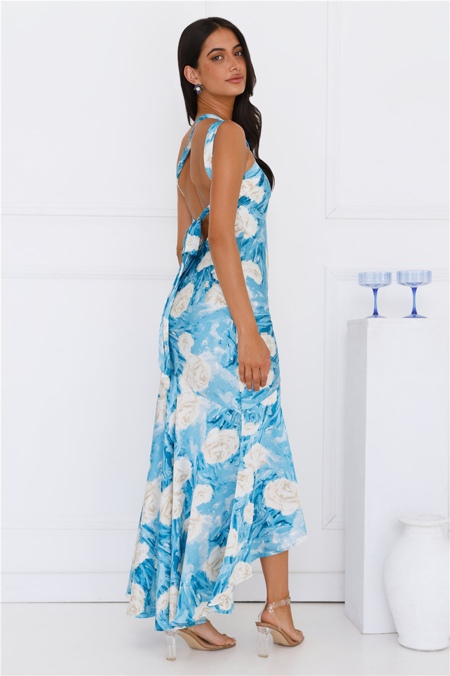 Whirl Of Colour One Shoulder Satin Maxi Dress Blue