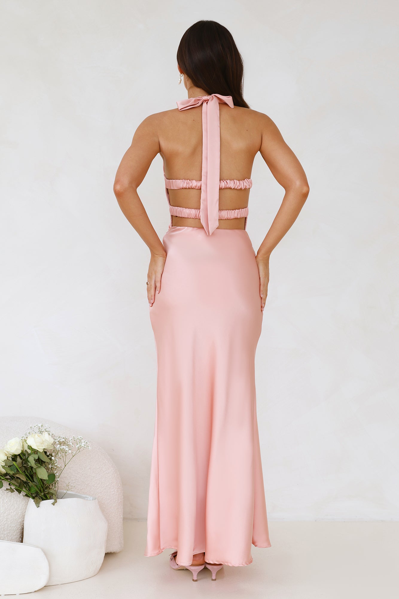 Socialite Events Halter Satin Maxi Dress Peach