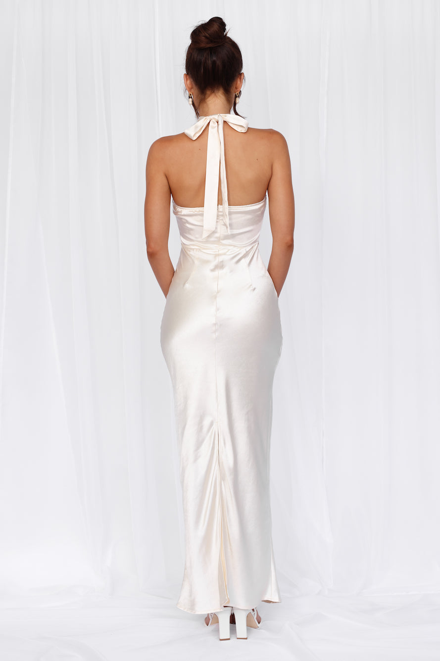 HELLO MOLLY The Cleo Halter Satin Maxi Dress Pearl