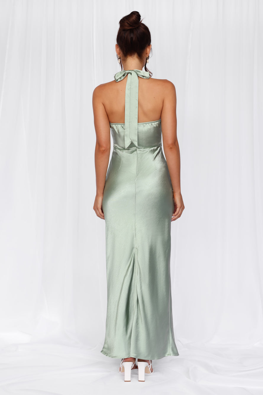 HELLO MOLLY The Cleo Halter Satin Maxi Dress Sage