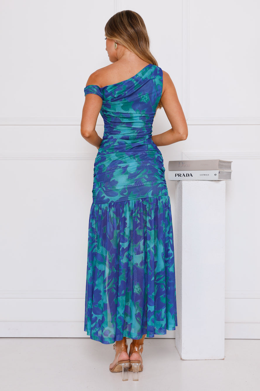 Daring Diva Mesh Off Shoulder Midi Dress Blue