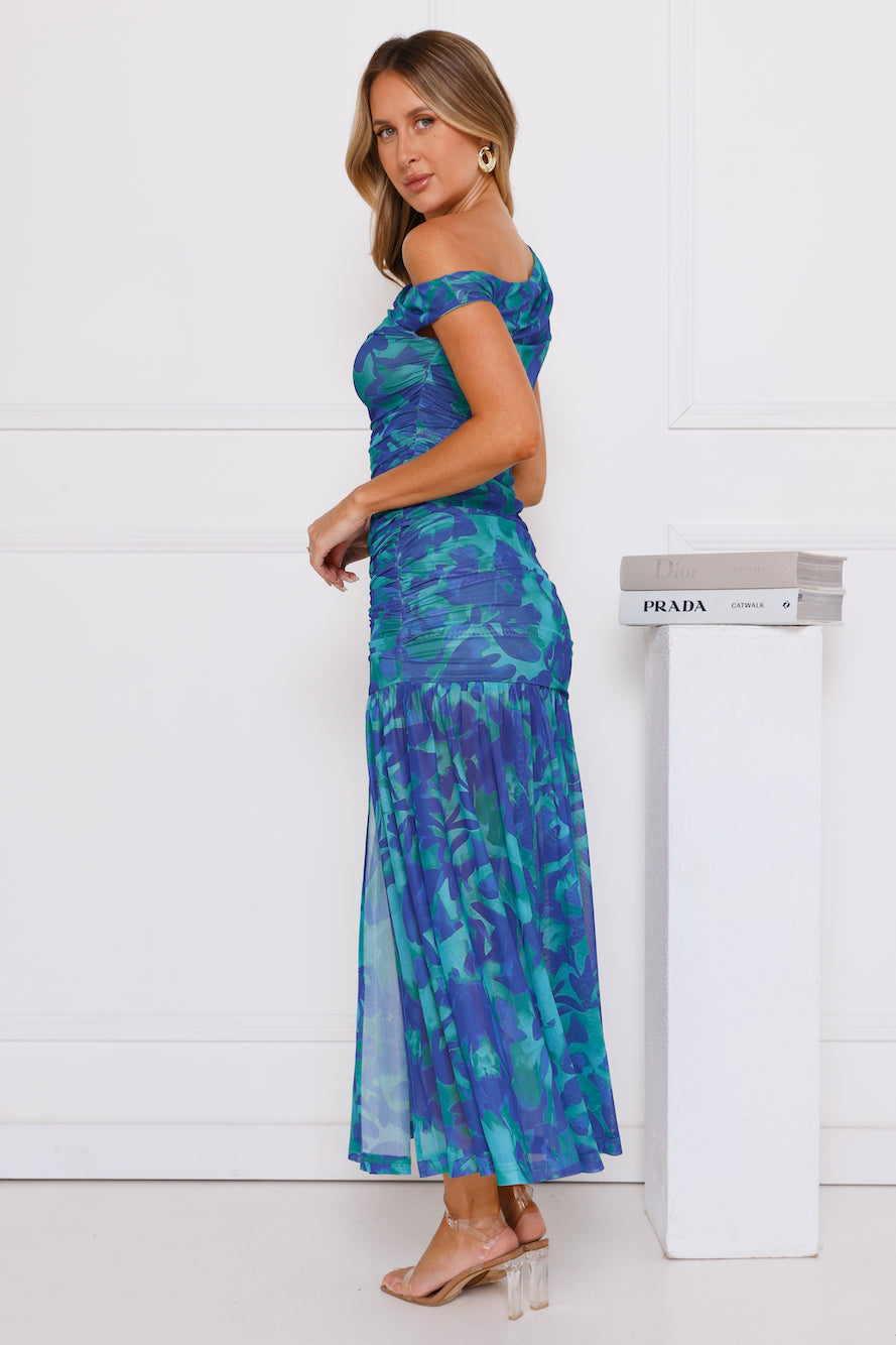 Daring Diva Mesh Off Shoulder Midi Dress Blue