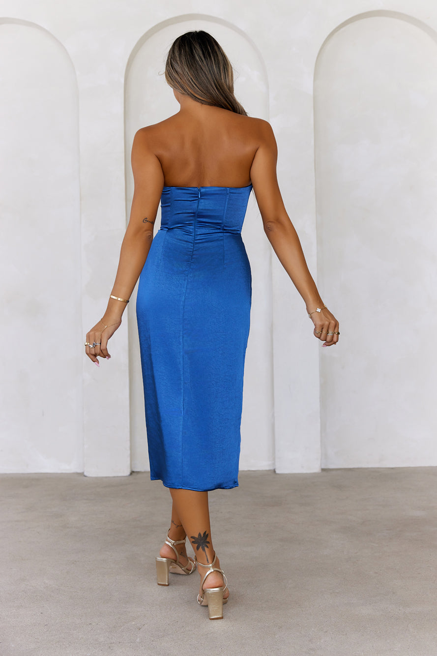 Dazzling Debutante Strapless Satin Midi Dress Blue