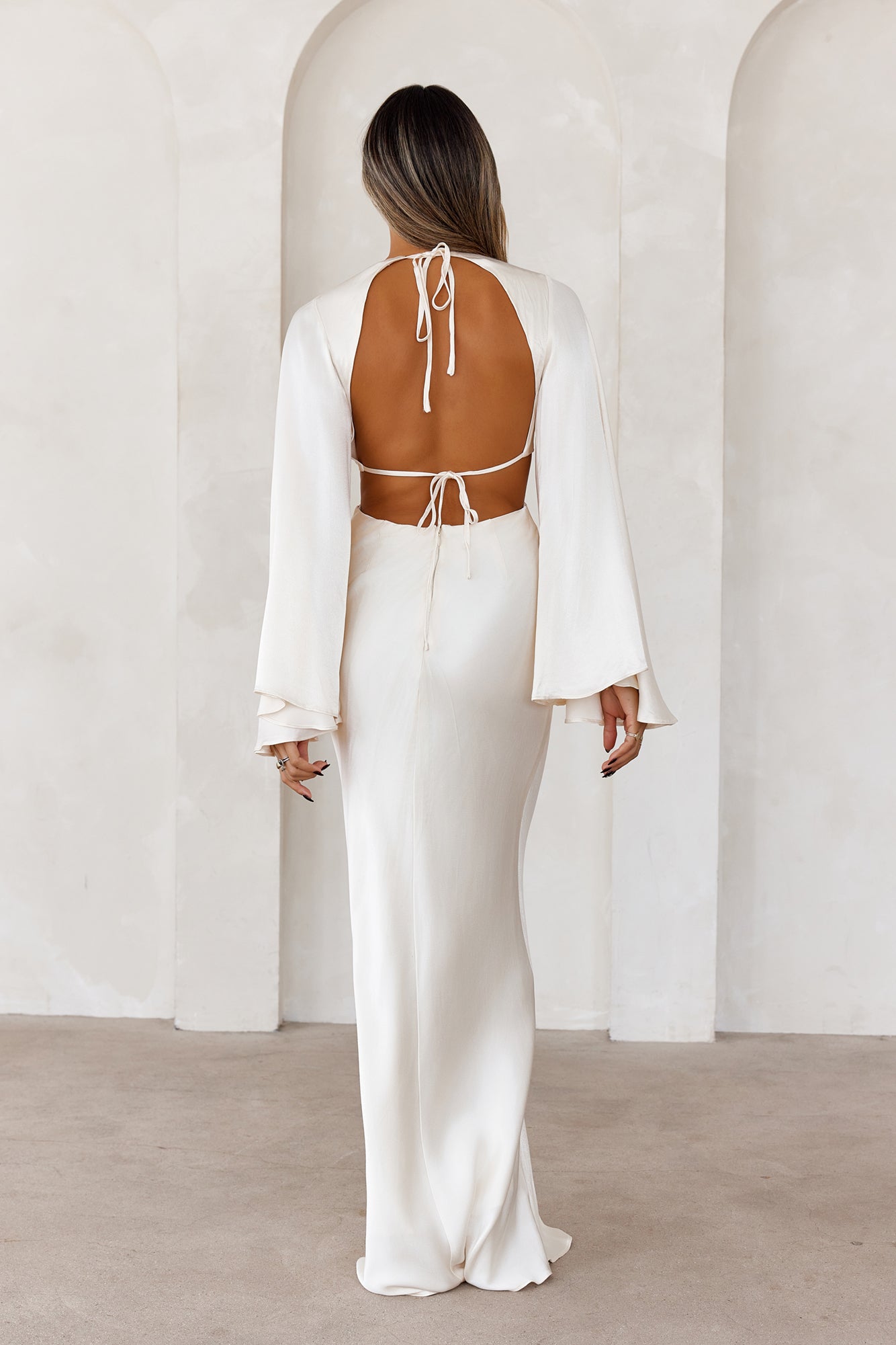 Twilight Goddess Satin Long Sleeve Maxi Dress Cream