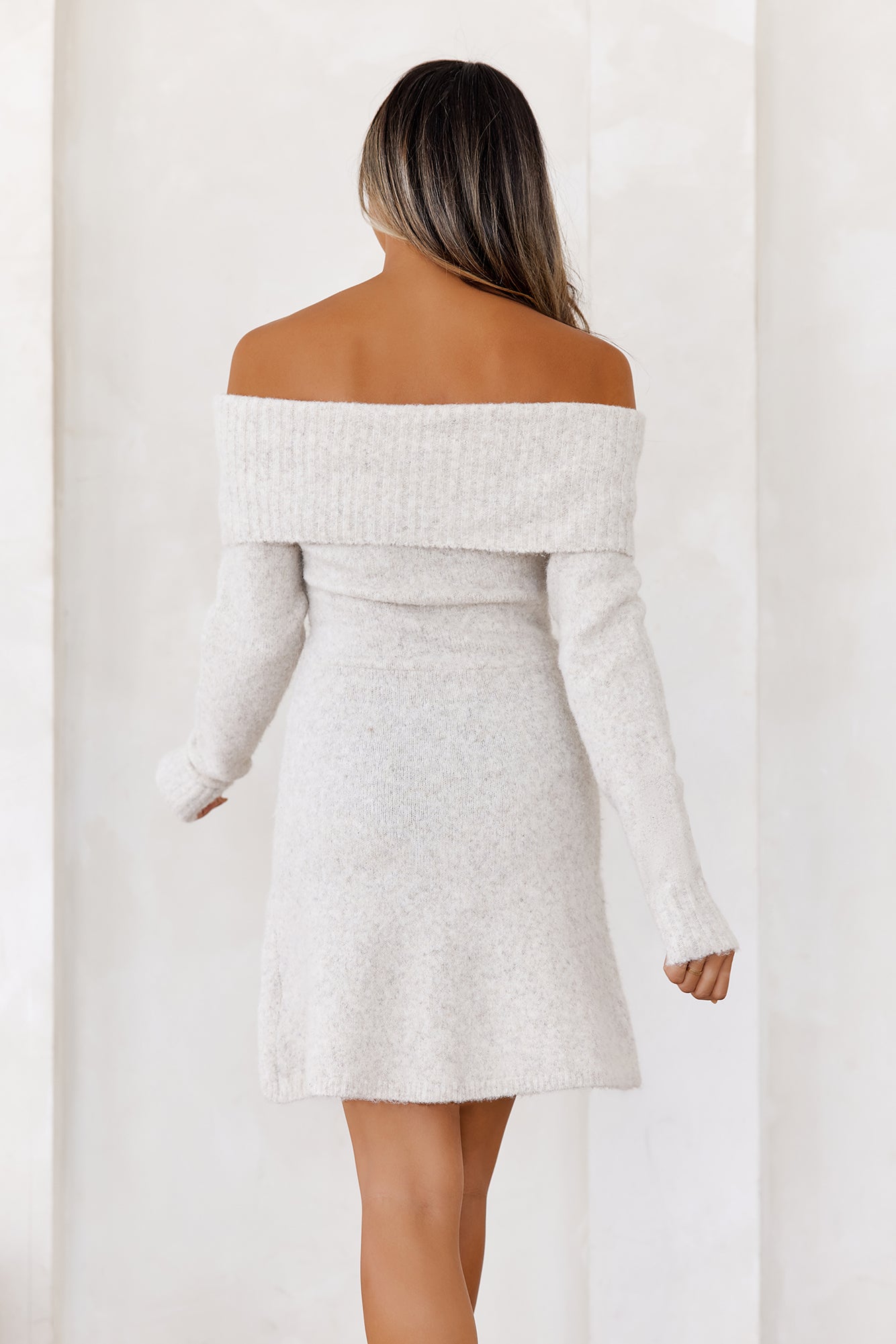 Every Occasion Off Shoulder Knit Mini Dress Cream