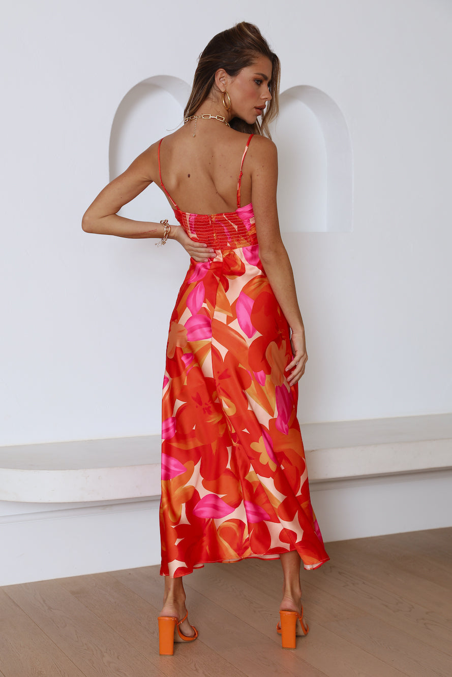 Having Fun Satin Midi Dress Red