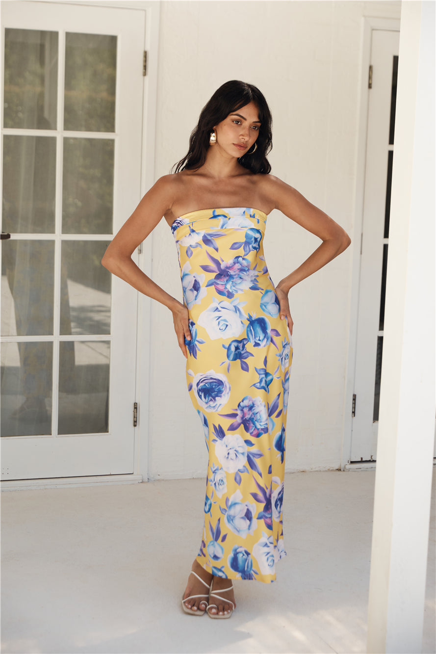 Impressive Me Strapless Satin Maxi Dress Yellow