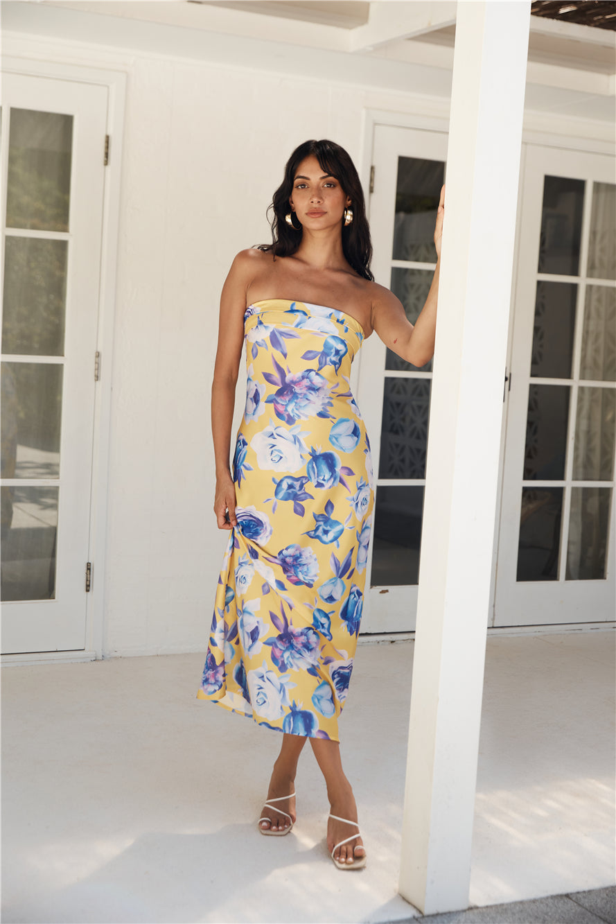 Impressive Me Strapless Satin Maxi Dress Yellow