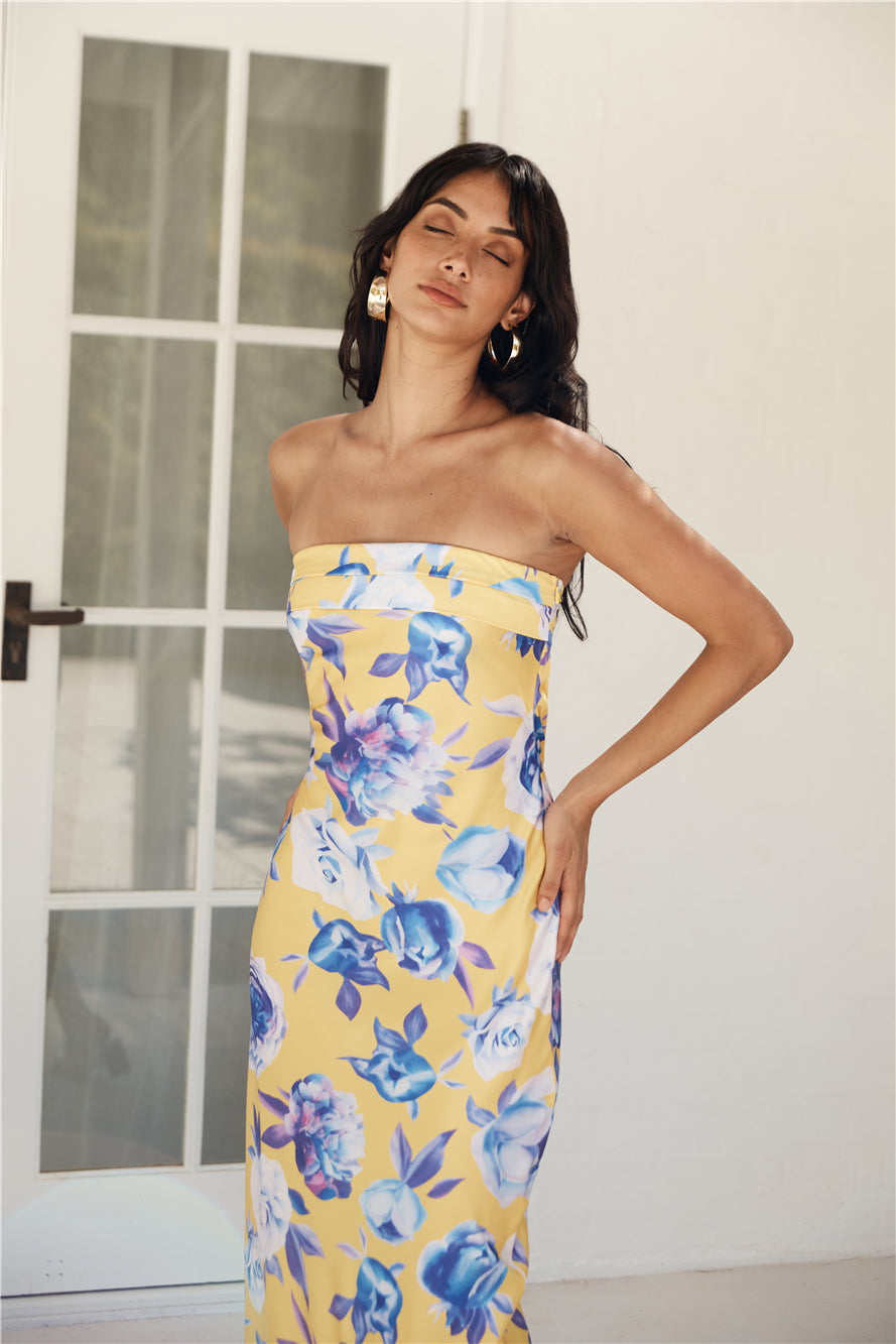 Impressive Me Strapless Satin Maxi Dress Yellow