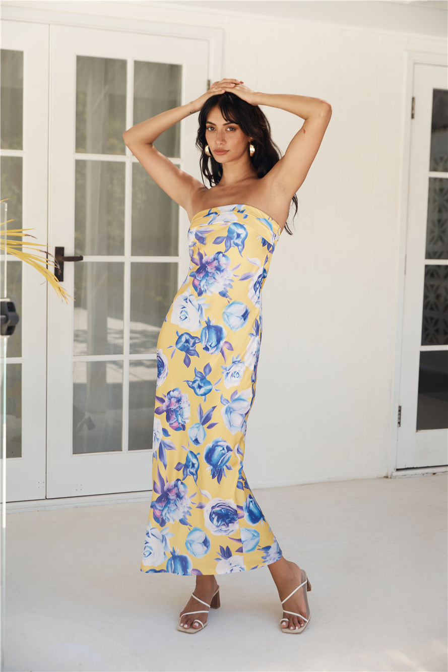 Impressive Me Strapless Satin Maxi Dress Yellow