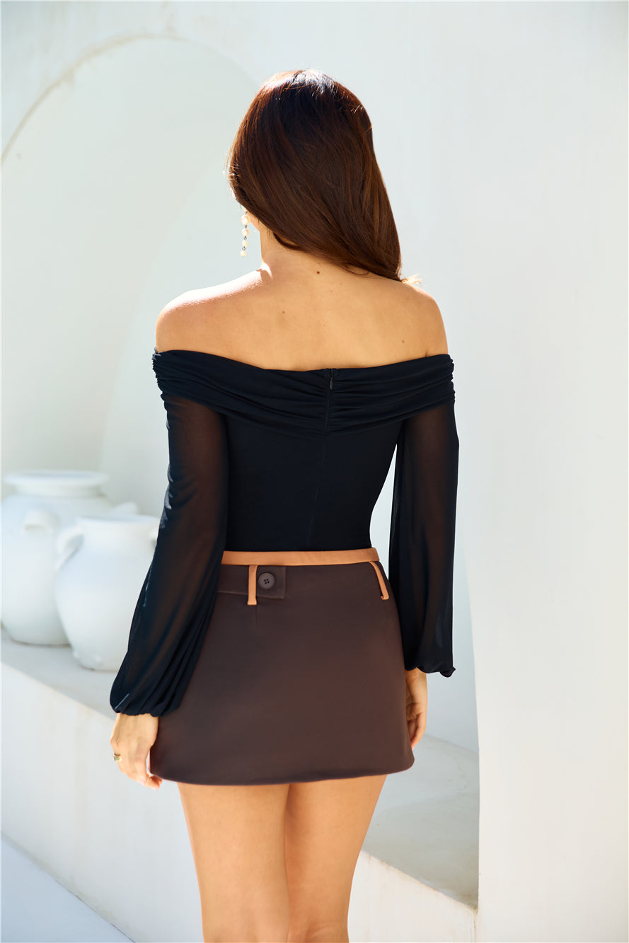 Fashionably Late Off Shoulder Mesh Bodysuit Black