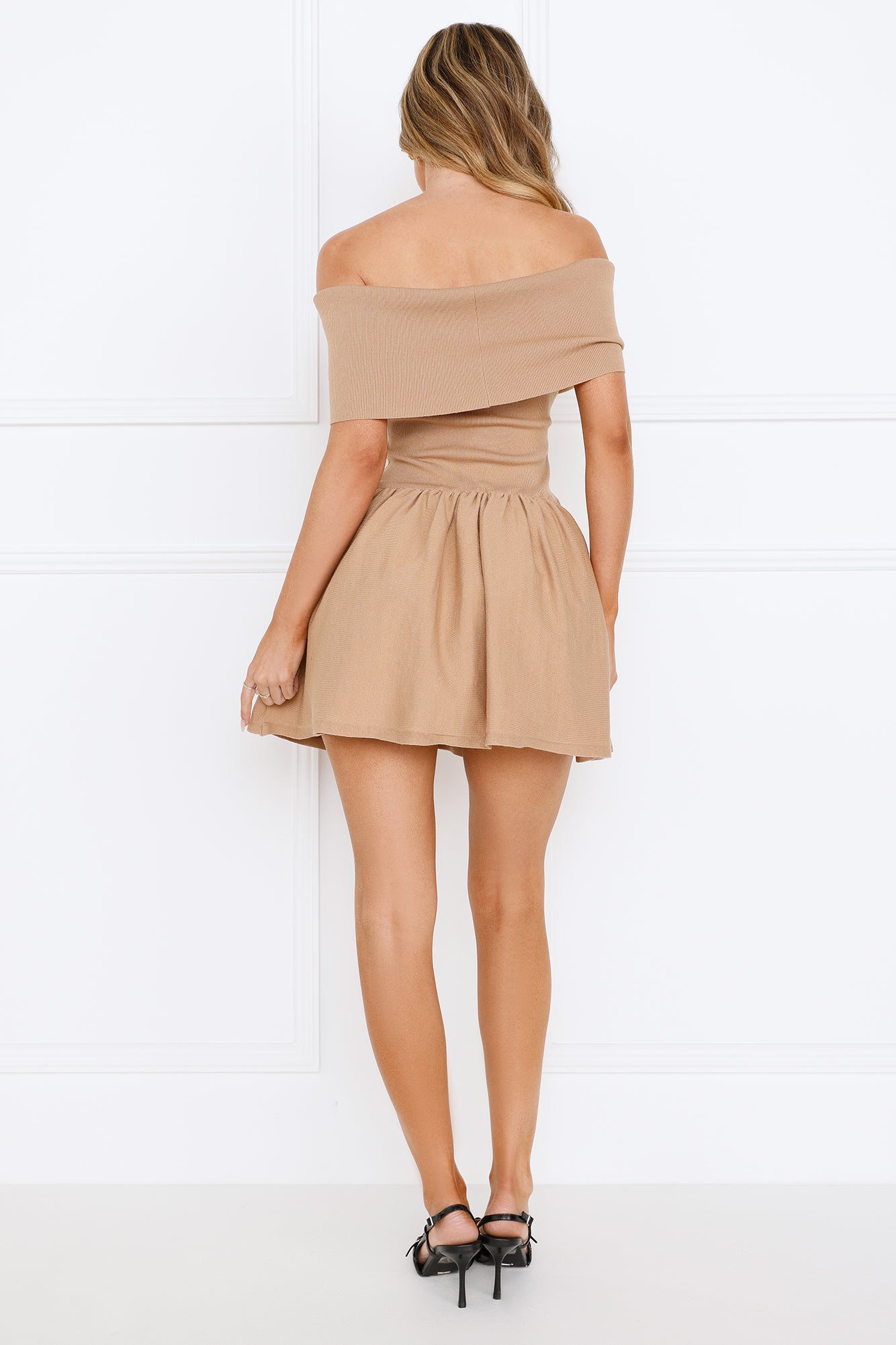 Sitting Pretty Off Shoulder Mini Dress Beige