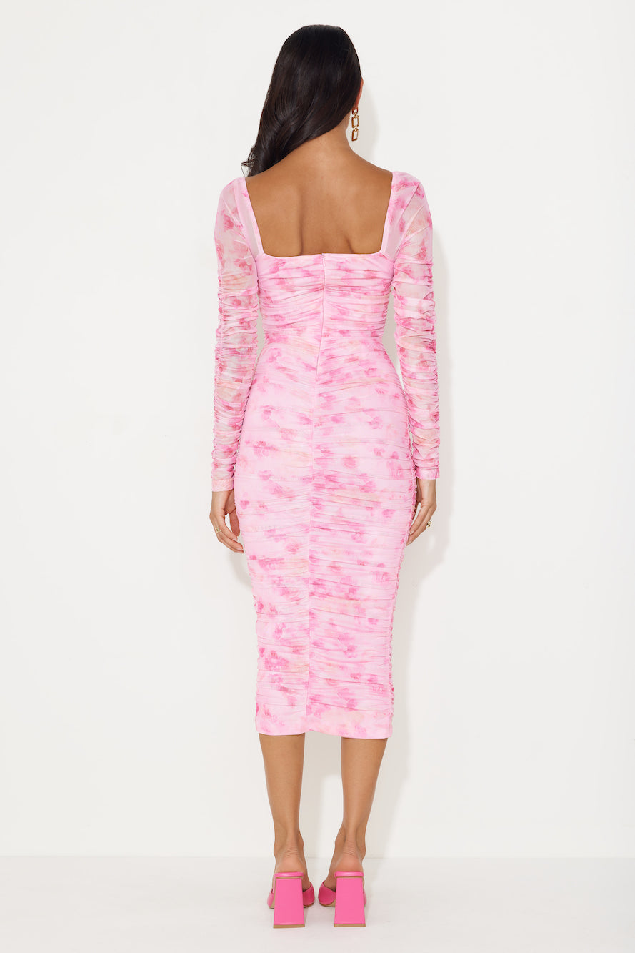 Hey There Gorg Long Sleeve Mesh Midi Dress Pink