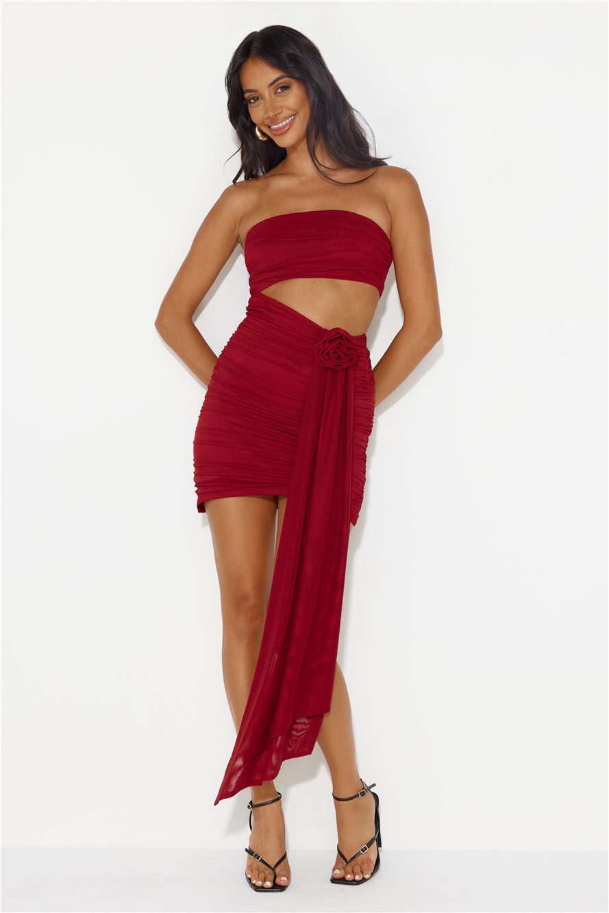 One Week Vacay Strapless Mesh Mini Dress Maroon