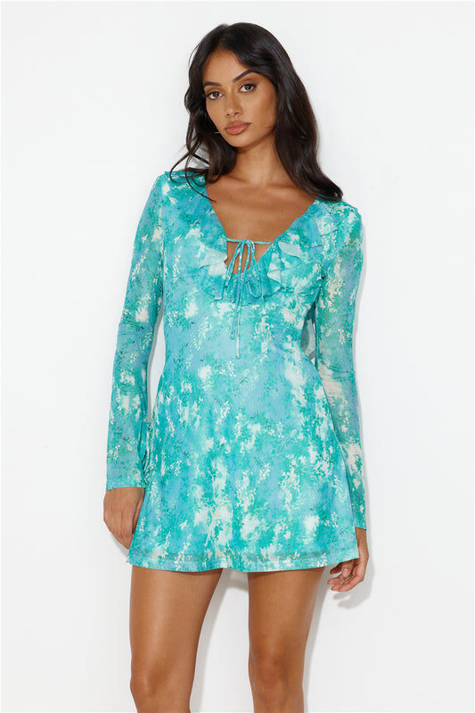 Fun For All Long Sleeve Mesh Mini Dress Green