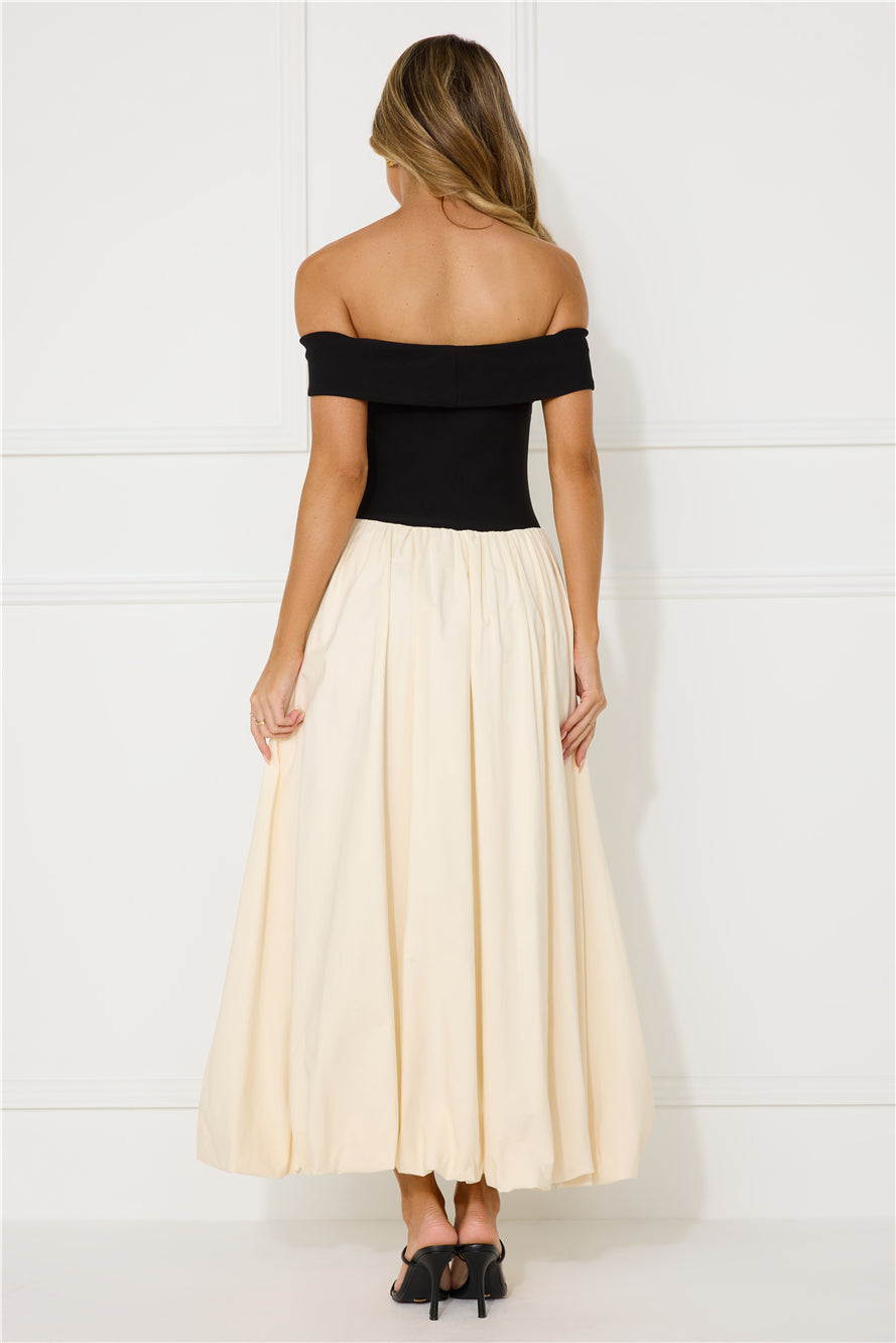 Regency Era Off Shoulder Bubble Midi Dress Black