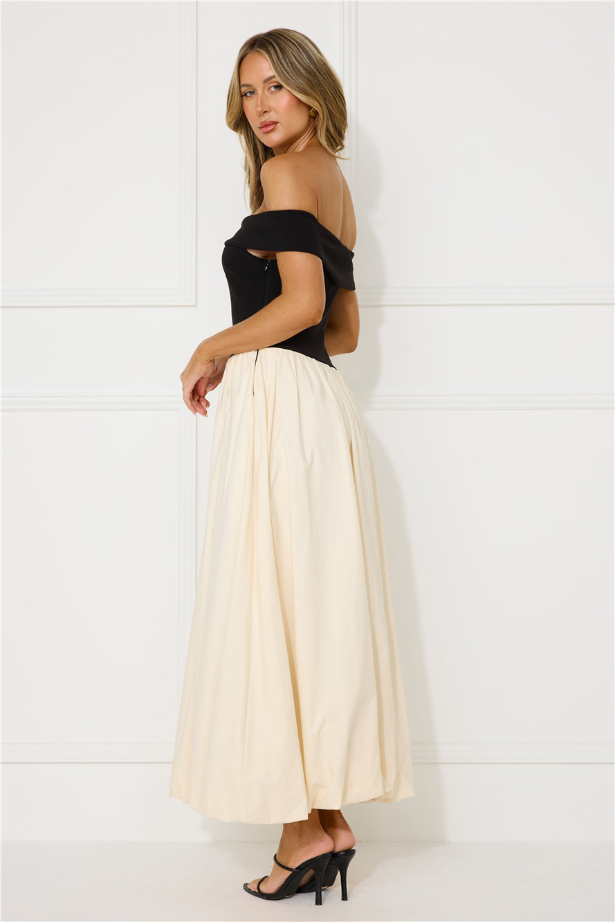 Regency Era Off Shoulder Bubble Midi Dress Black