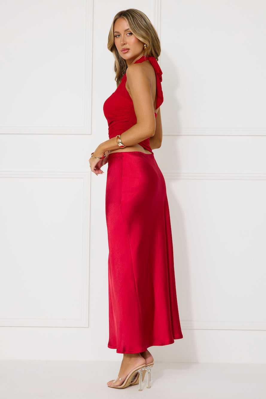 Popping Bottles Satin Mesh Halter Maxi Dress Red
