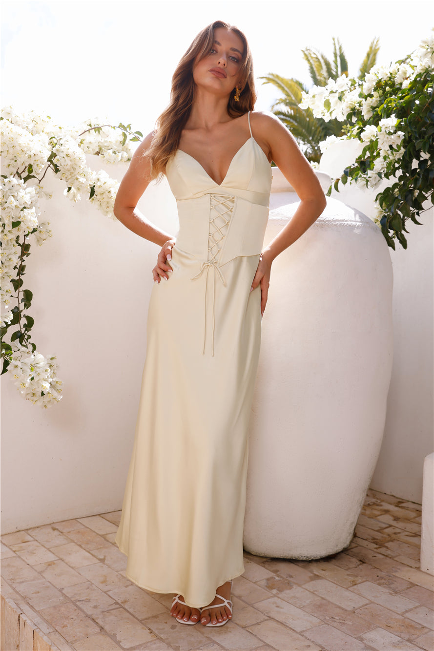 Queen Worthy Satin Corset Maxi Dress Yellow