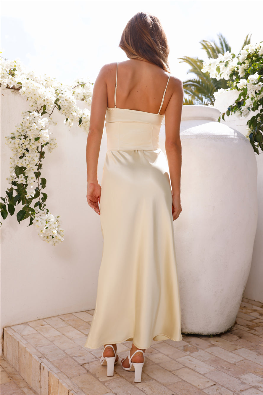 Queen Worthy Satin Corset Maxi Dress Yellow