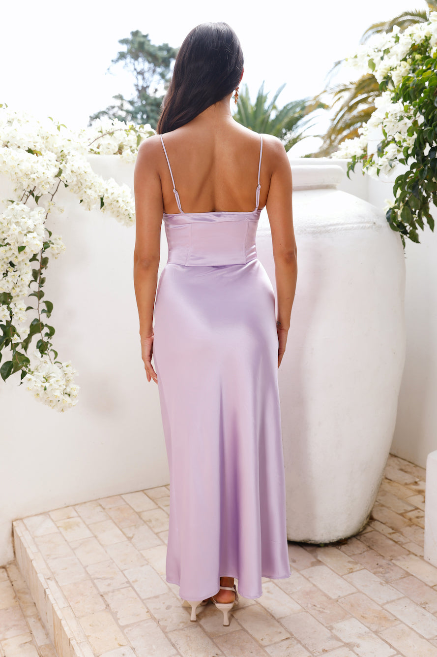 Queen Worthy Satin Corset Maxi Dress Purple