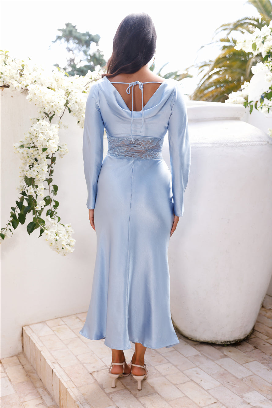 Queen Visits Long Sleeve Satin Maxi Dress Blue