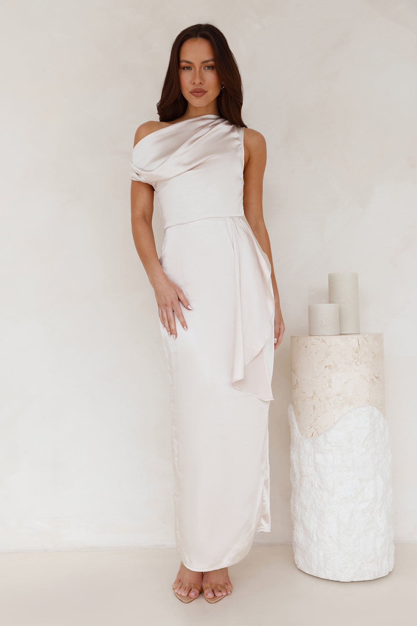 Satin Whisper Off Shoulder Maxi Dress Champagne