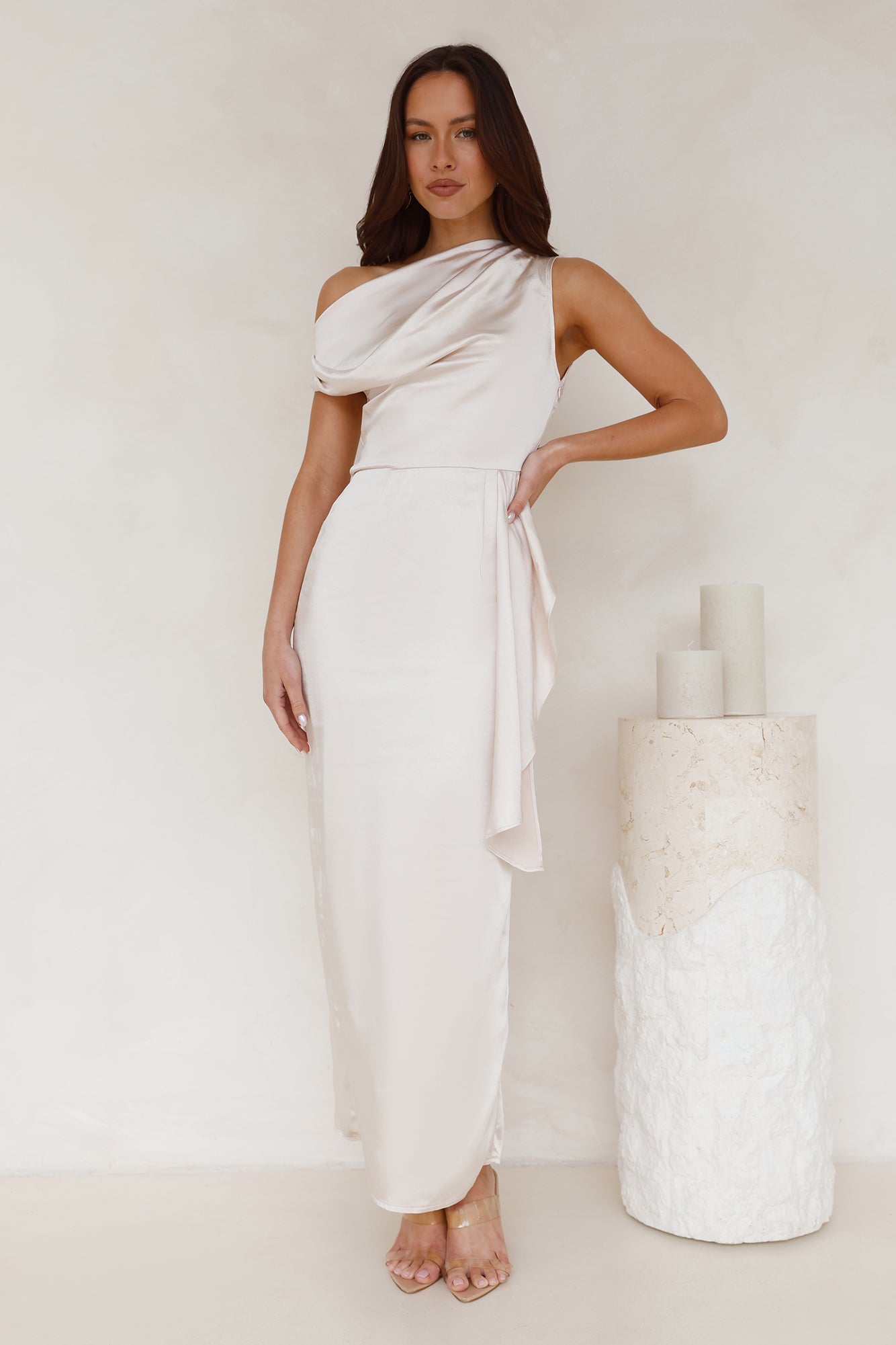 Satin Whisper Off Shoulder Maxi Dress Champagne