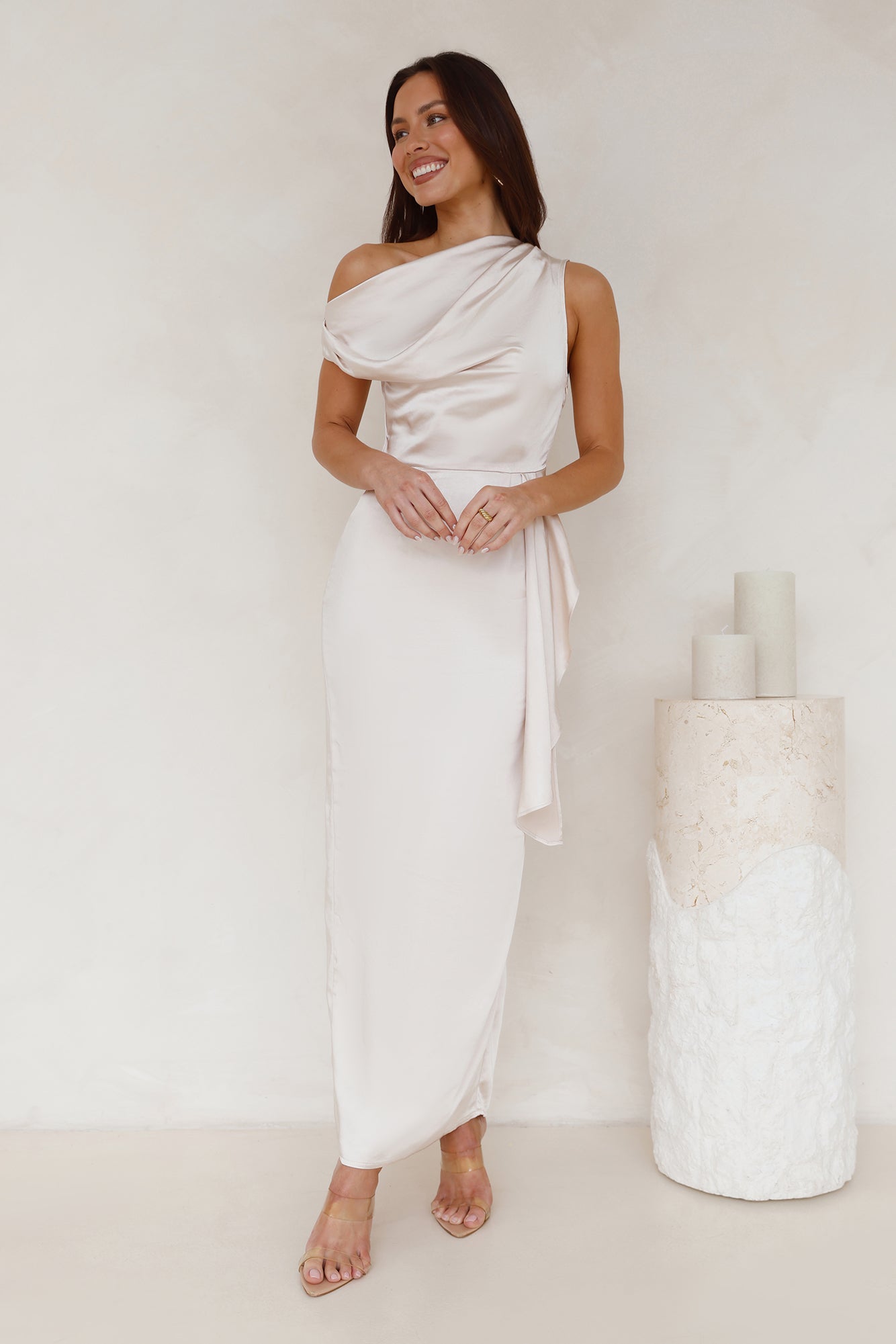Satin Whisper Off Shoulder Maxi Dress Champagne