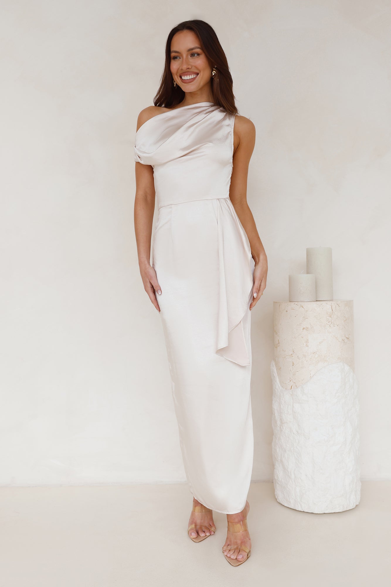 Satin Whisper Off Shoulder Maxi Dress Champagne