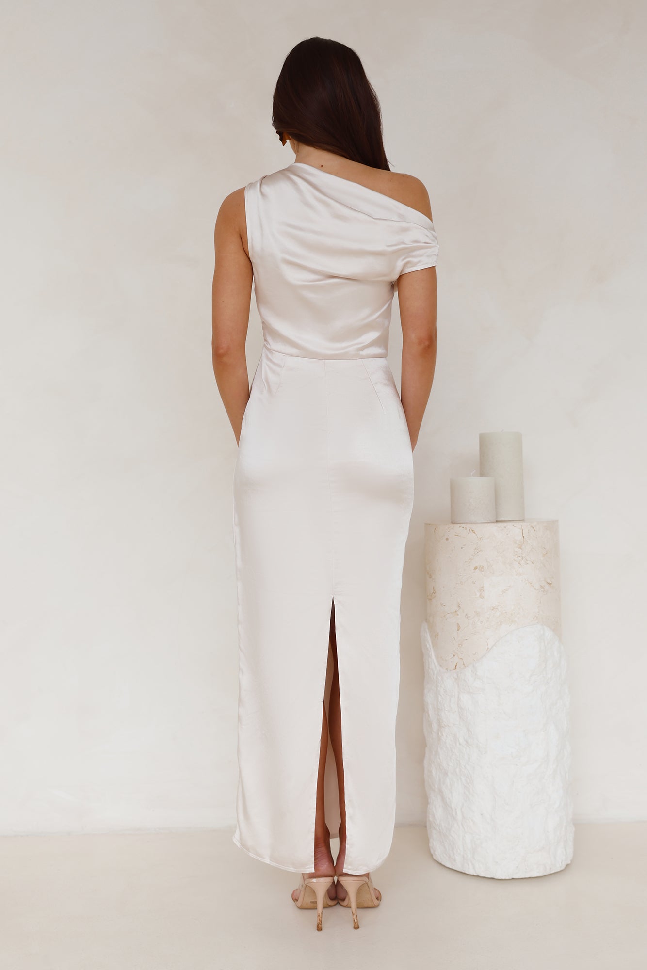 Satin Whisper Off Shoulder Maxi Dress Champagne