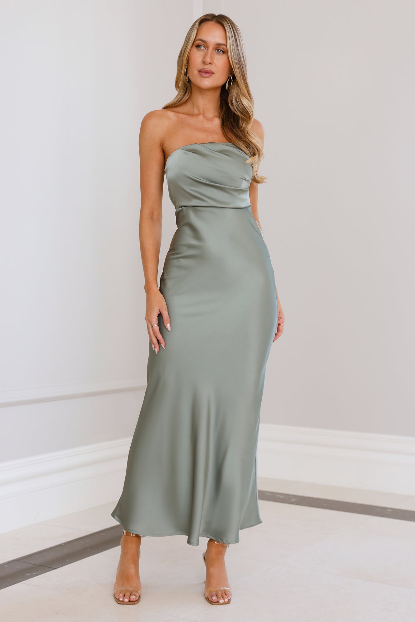 Moonlit Whimsy Satin Strapless Maxi Dress Sage