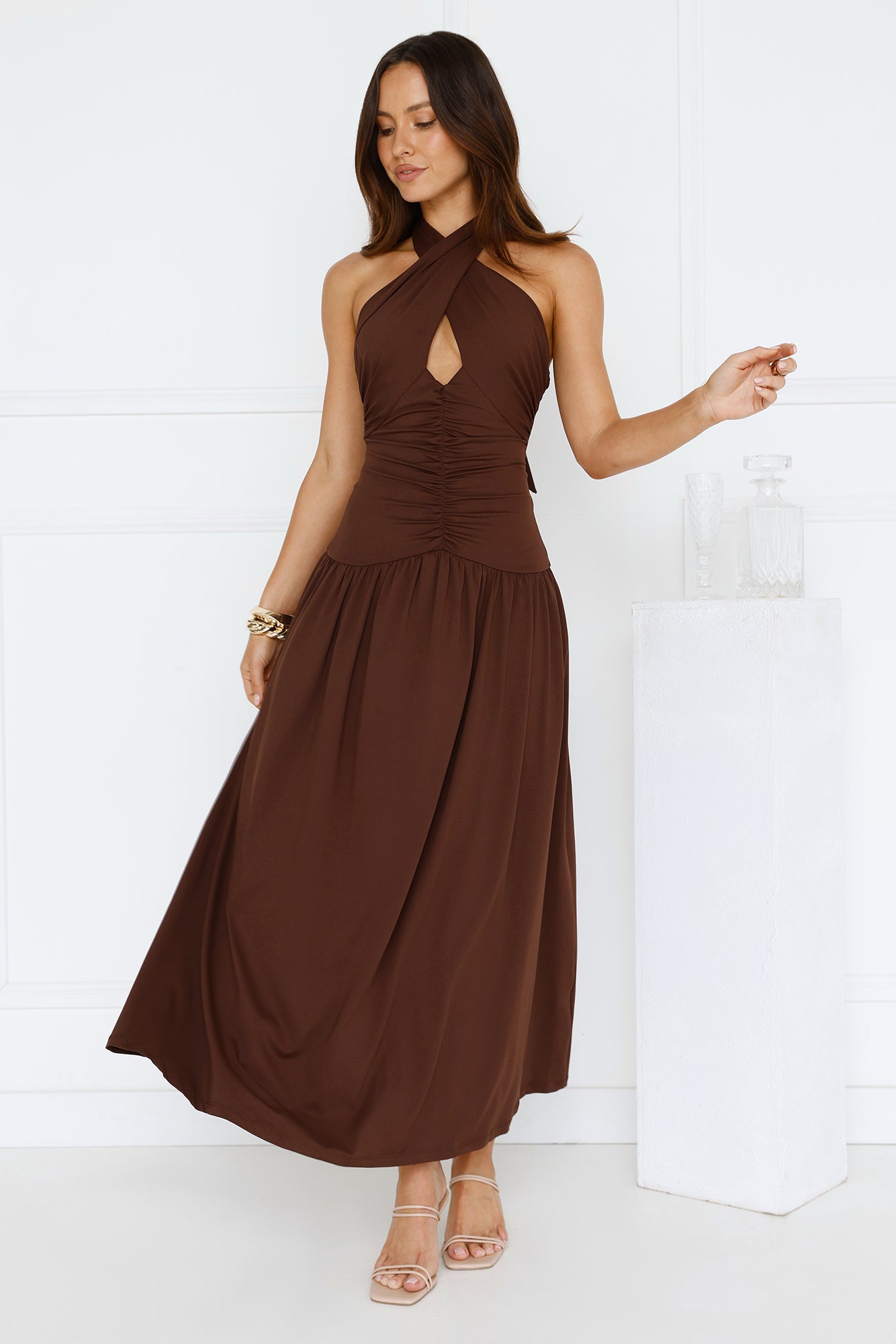 Enchanted Mirage Halter Maxi Dress Brown