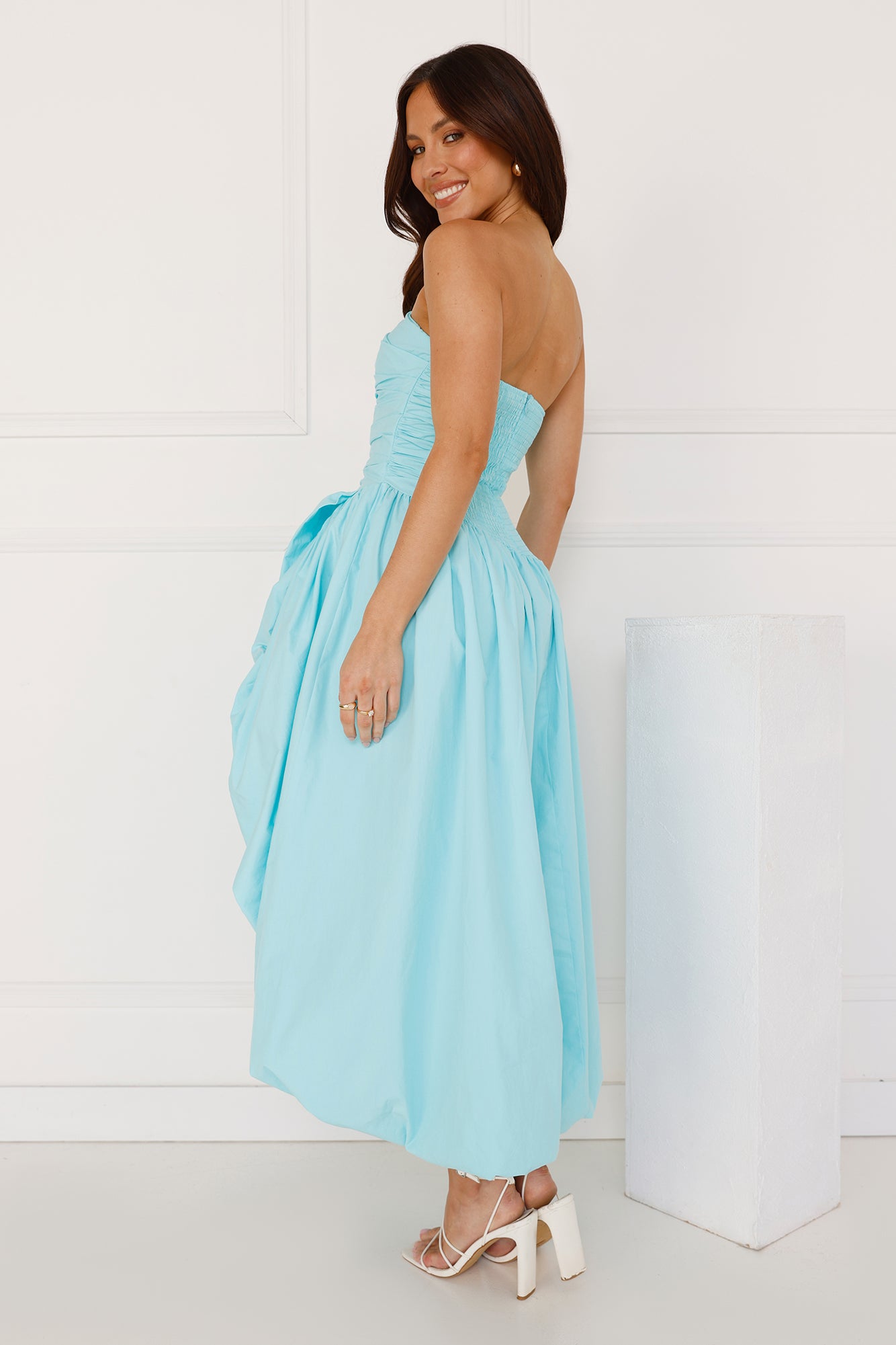 Wedded Romance Strapless Bubble Midi Dress Blue