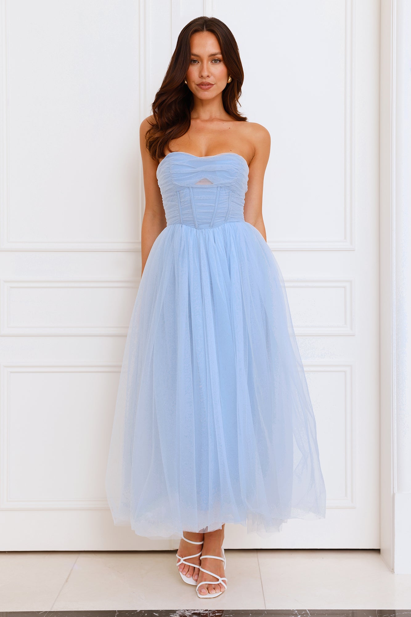 Beauty Pageant Strapless Tulle Midi Dress Blue