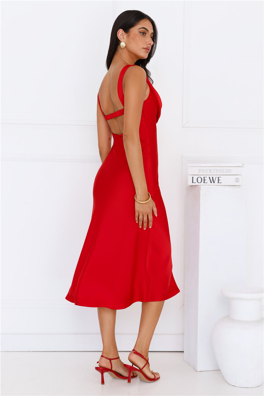 Flirtation Station Satin Midi Dress Red