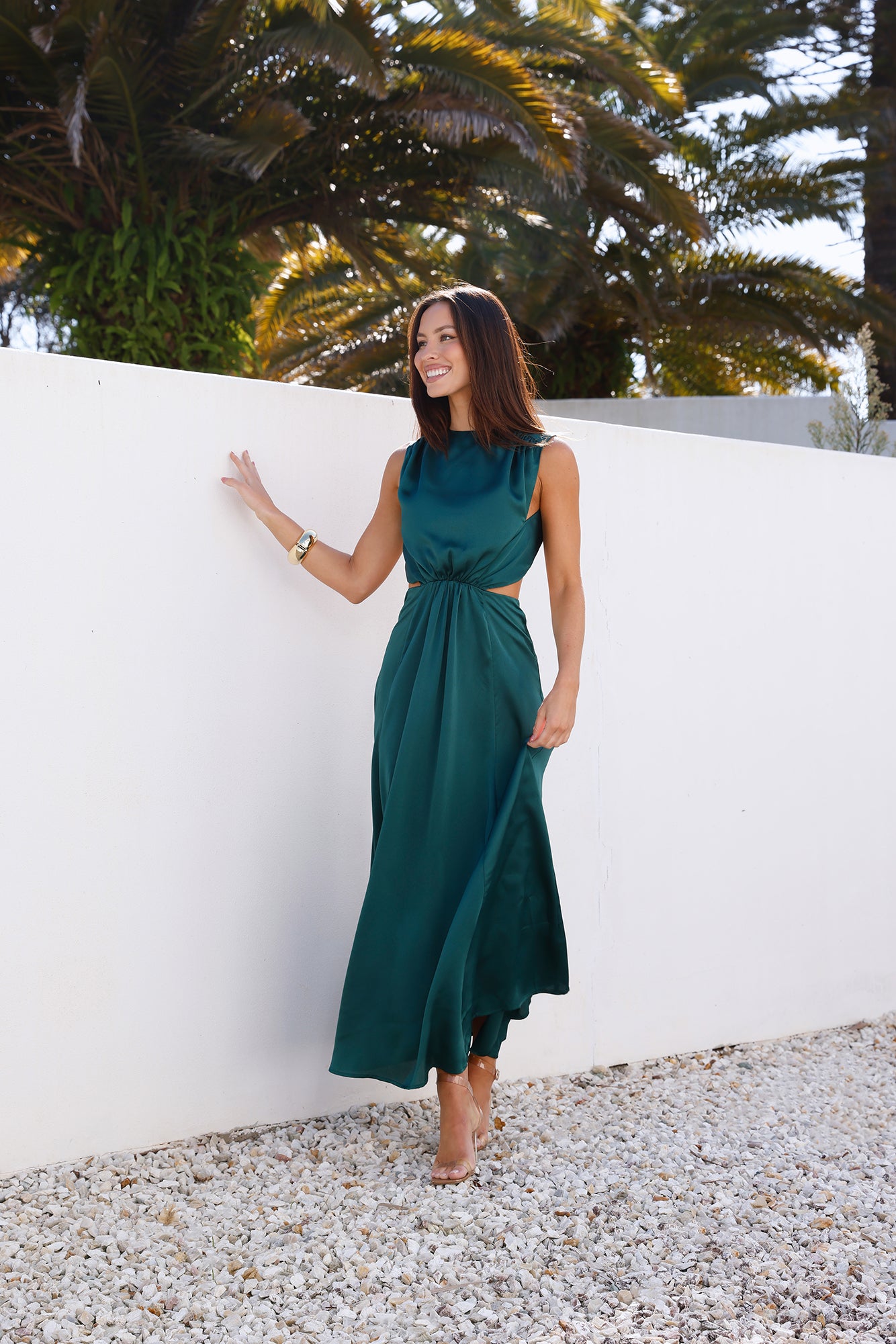 Rendezvous In Paris Satin Midi Dress Green