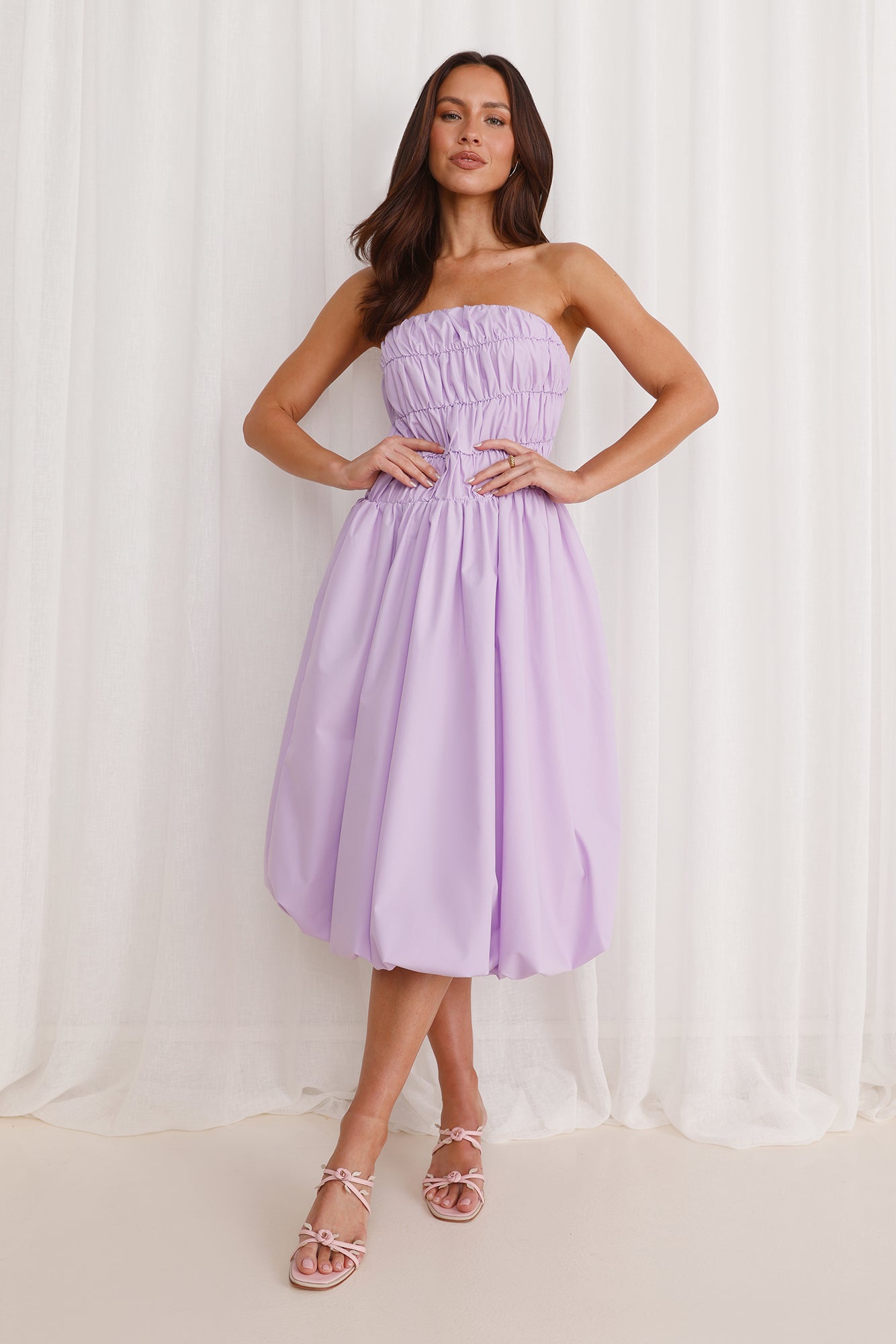 Stella Strapless Bubble Midi Dress Lilac