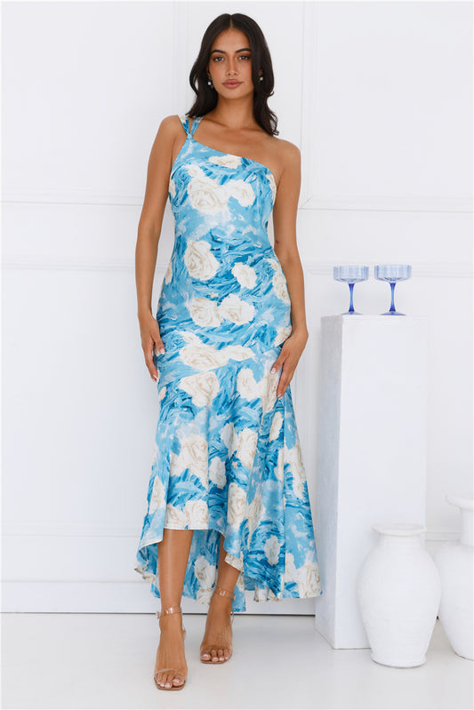 Whirl Of Colour One Shoulder Satin Maxi Dress Blue