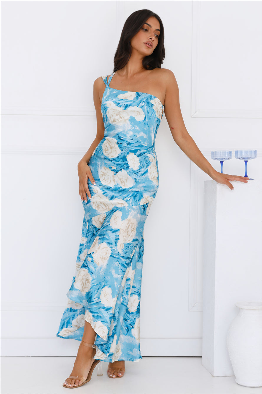 Whirl Of Colour One Shoulder Satin Maxi Dress Blue