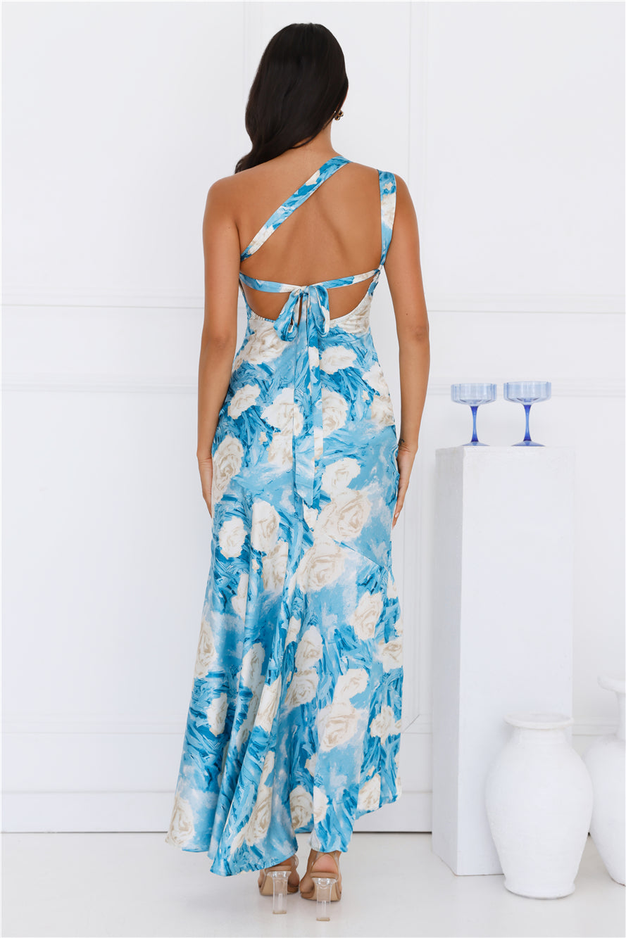 Whirl Of Colour One Shoulder Satin Maxi Dress Blue