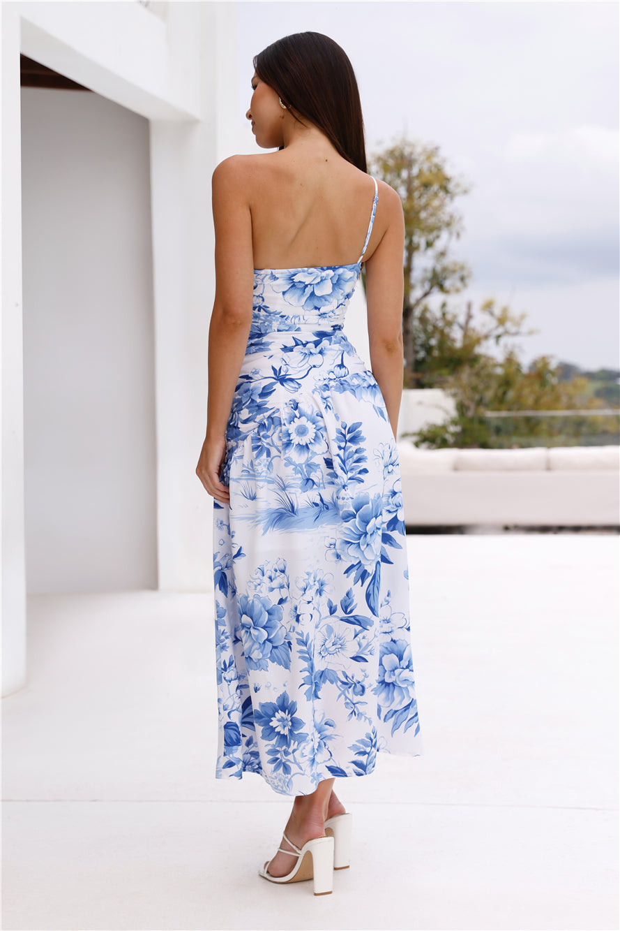 Fleur Enchantée One Shoulder Midi Dress Blue