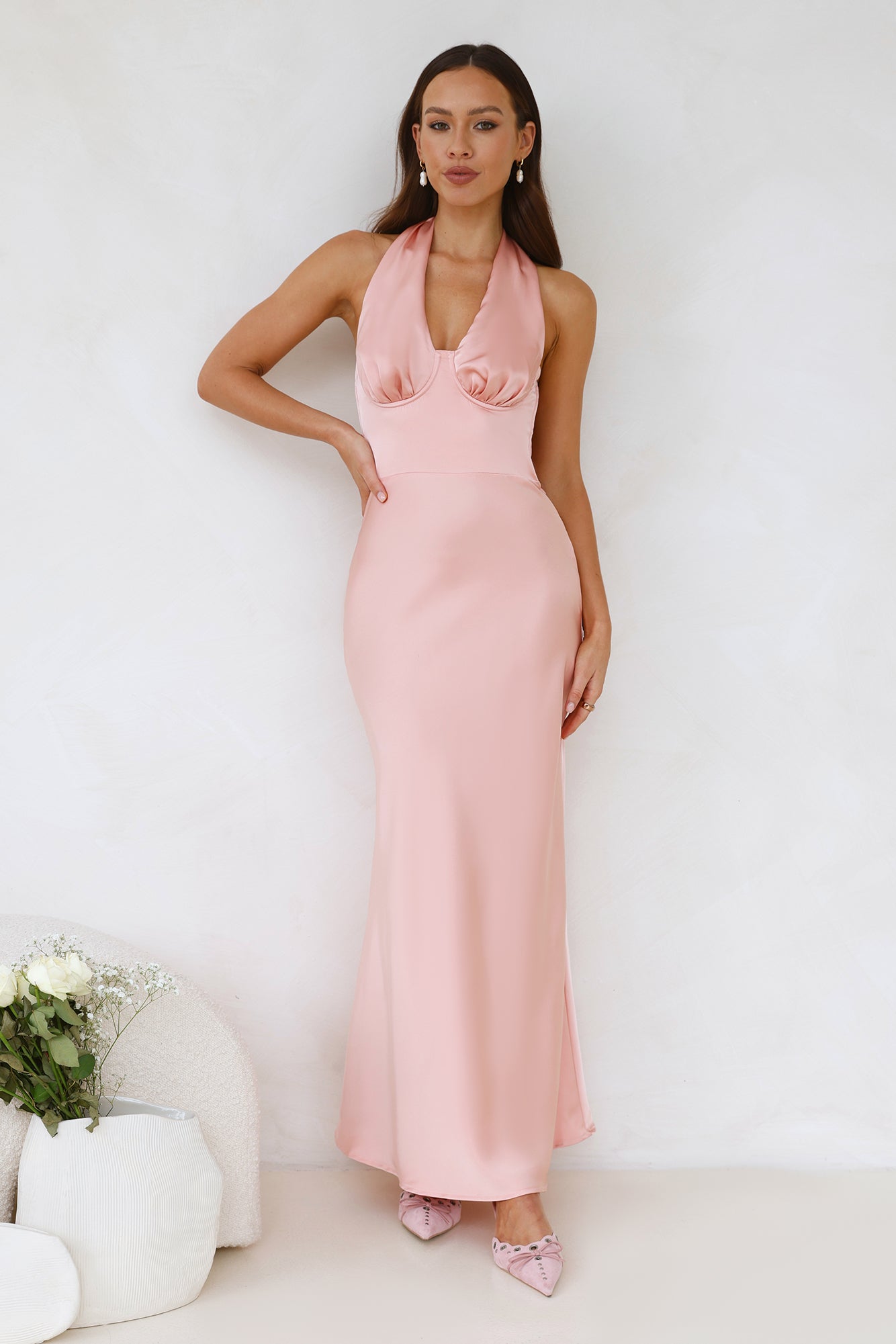 Socialite Events Halter Satin Maxi Dress Peach