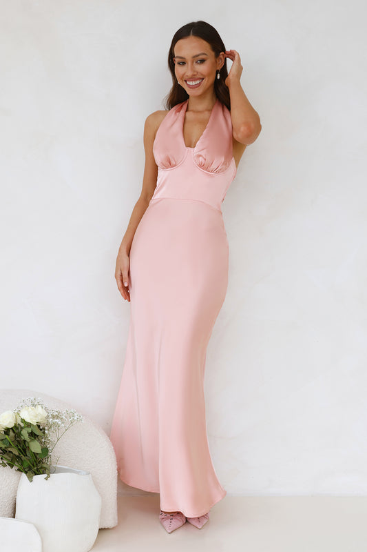 Socialite Events Halter Satin Maxi Dress Peach